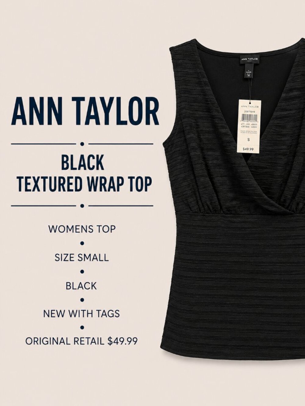 NWT Ann Taylor Black Textured Wrap V-Neck Top Size Small